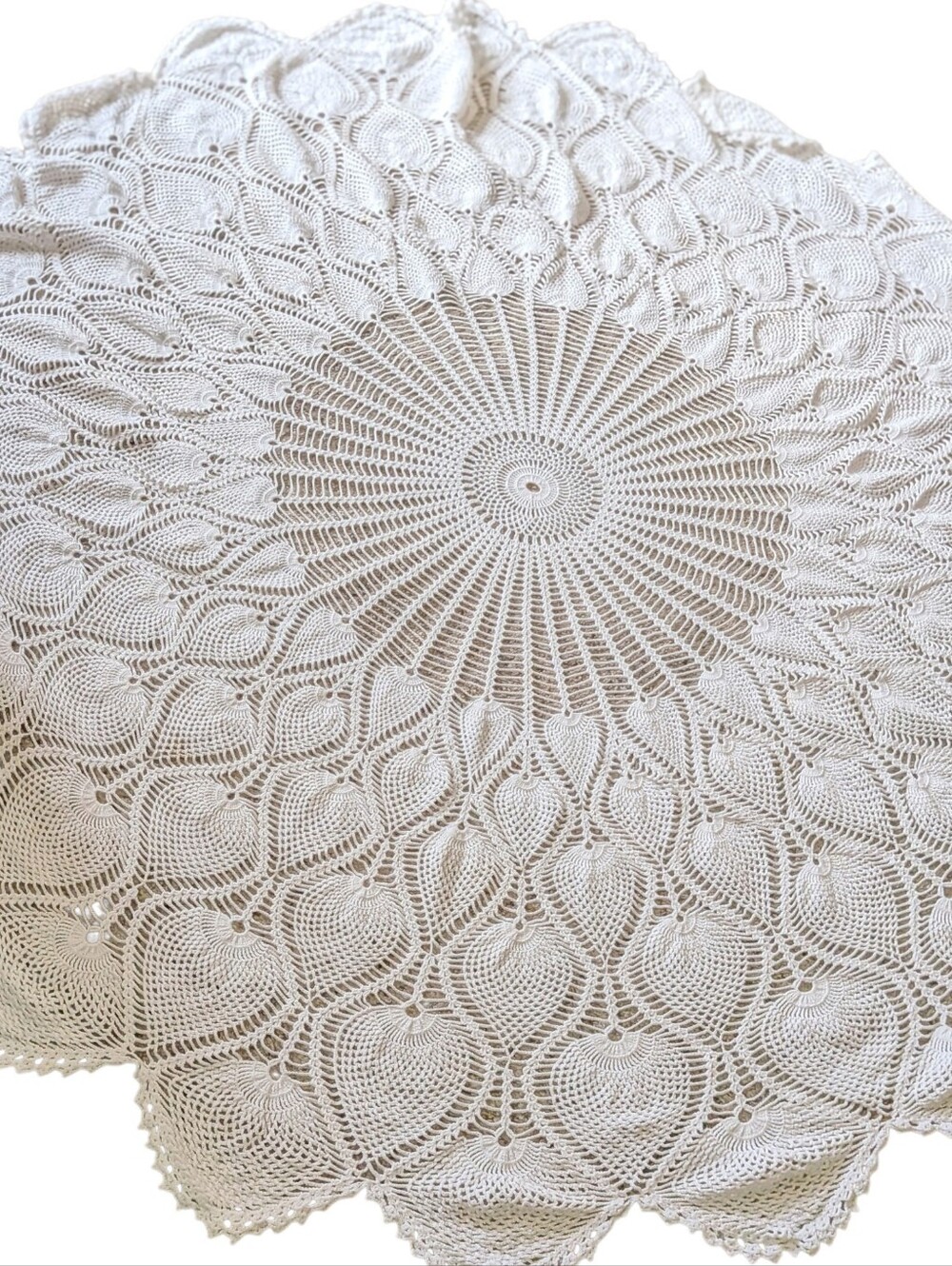 Handmade Crochet Pineapple Table Cover in Cream Round 66" Grandma Core